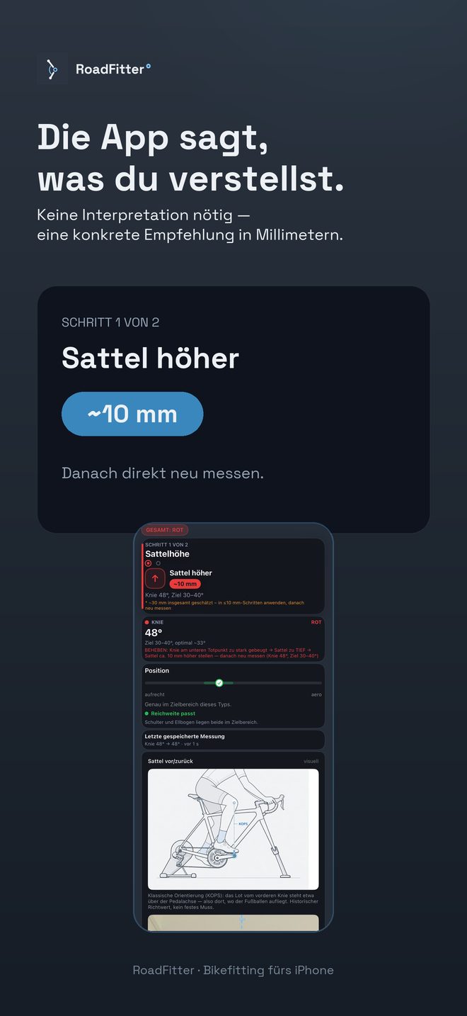 Empfehlung der App: Sattel etwa 10 Millimeter höher.